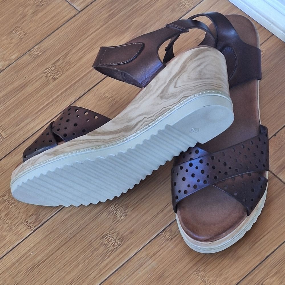 Brown Leather Wedge Heel Sandal Platform Wood Look EU 40 Milanias Comfort Shoes